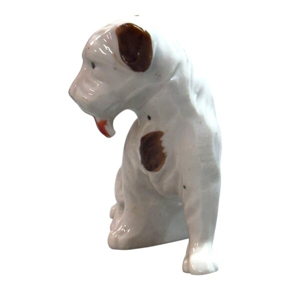Vintage 1950s Japanese Ceramic Puppy Dog Figurine Brown Spots & Red Collar White - Picture 2 of 10